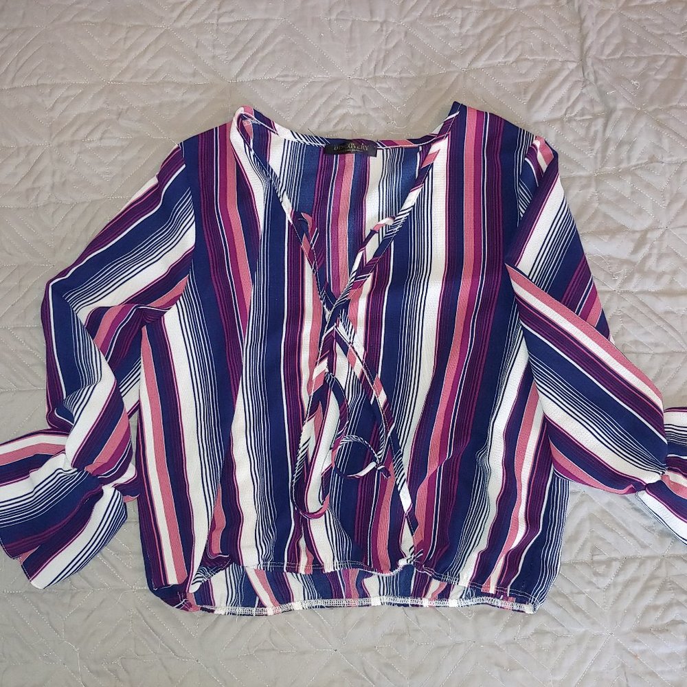 Striped Cinched Waist Blouse with Bell Sleeves